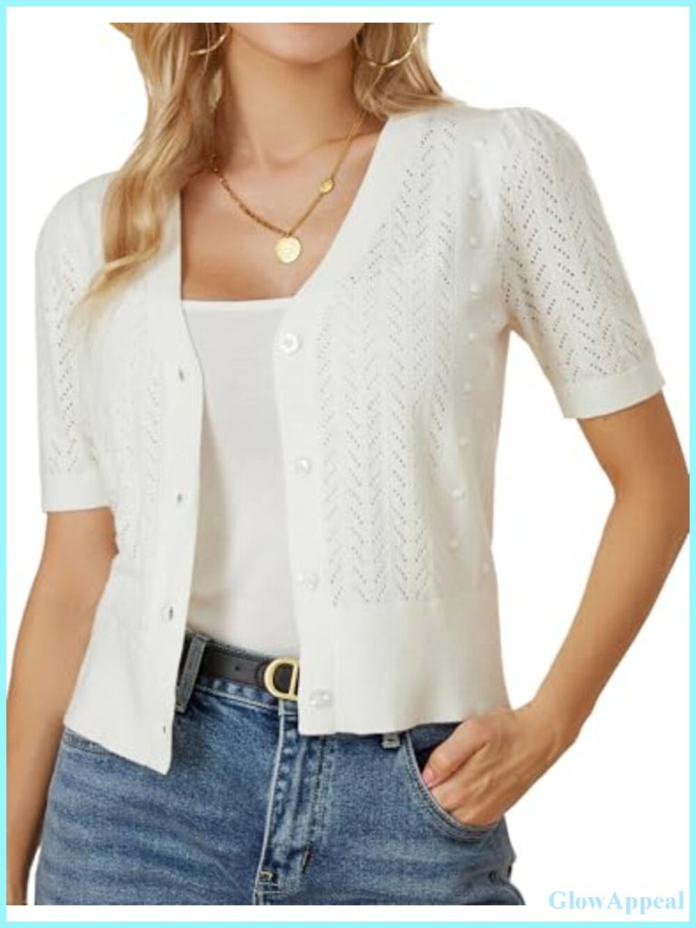 Crochet Knit Cropped Cardigan Sweater Short Sleeve Bolero V-Neck Button Up Tops